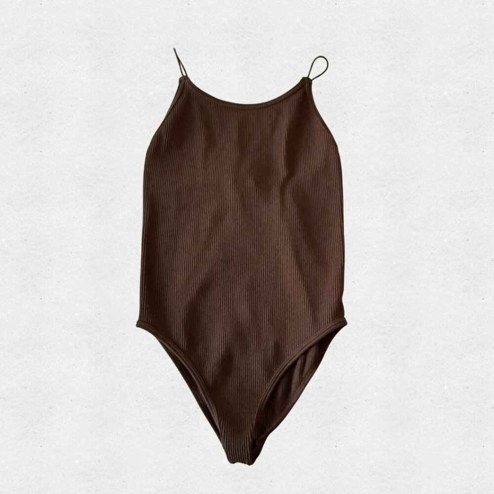 Zara Ribbed Body Suit Chocolate Brown XS Stretch Seamless Contouring Minimalist